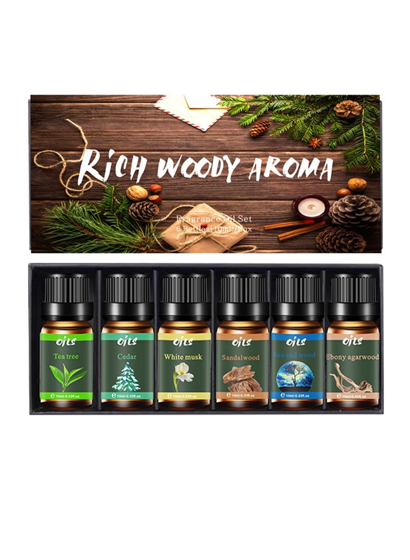 6x10ml Wood Fragrance Essential Oil Set, Wood Fragrance Gift Set, Suitable for Diffuser, Humidifier, DIY Candle, Air Purifier（Oud Agarwood + White Musk + Sea And Wood + Cedar + Sandalwood + Tea Tree） - Image 1